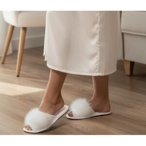 VTG White Marabou Feather Boudoir Slipper SZ 6.5-7 Hollywood Glam Peep Toe Satin